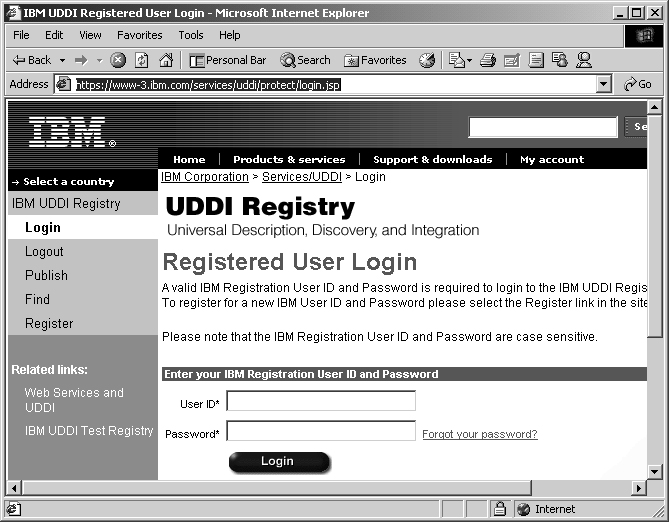 Einloggen in die IBM-UDDI-Registry