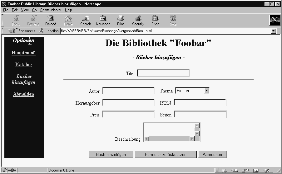 HTML-Nutzer-Interface für die Bibliothek Foobar