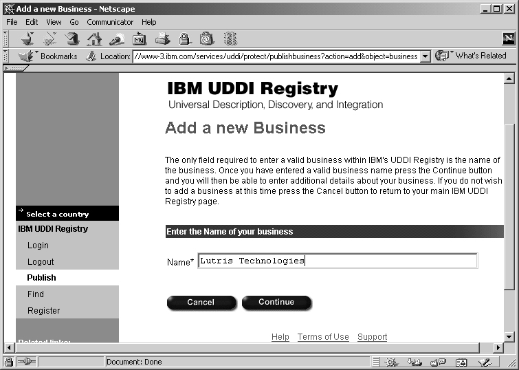 Hinzufügen eines neuen Business zu der UDDI-Registry