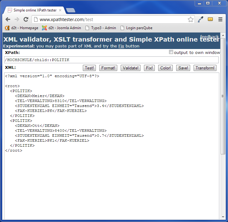 Anzeige des Ergebnisses im XML-Fenster
